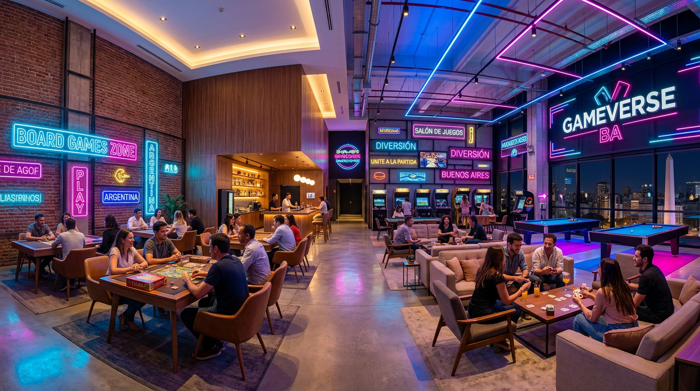 Vista panorámica del espacio de juego JuegaLoft con iluminación neon