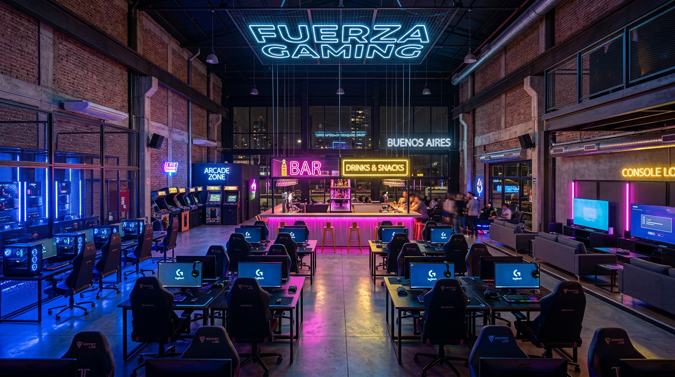 Interior de JuegaLoft de noche con iluminación de colores
